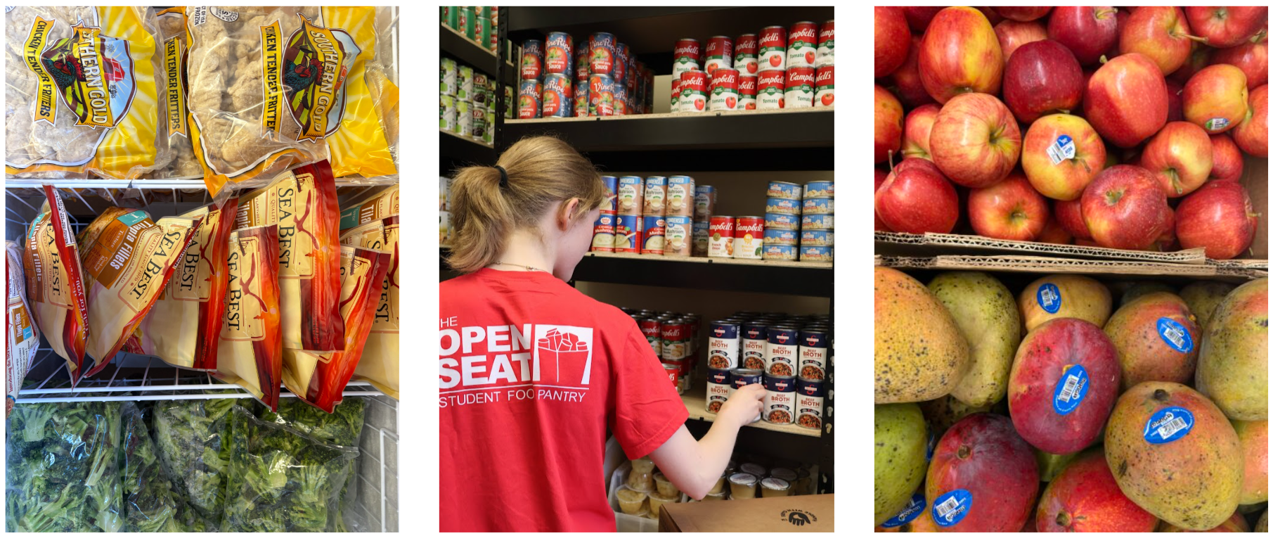 Frozen foods, a staff member stocking shelves, apples & mangoes